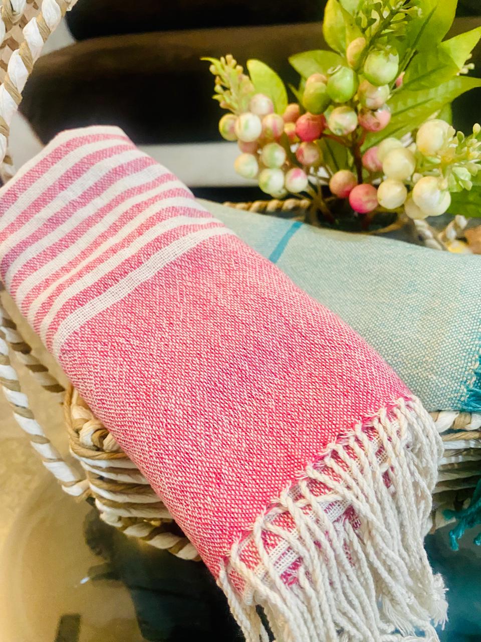 Pink striped towel with fringe